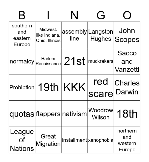 1920s Bingo Card