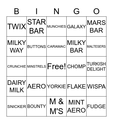 CHOCOLATE Bingo Card