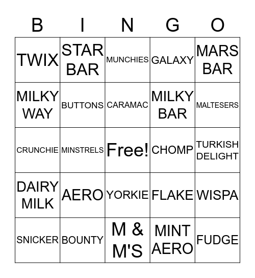 CHOCOLATE Bingo Card