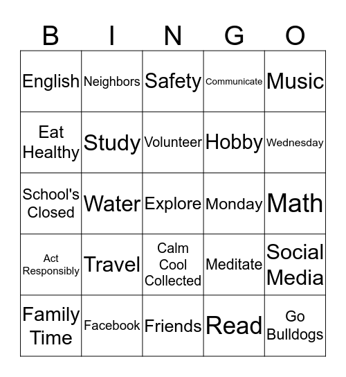 Spring Break Bingo Card