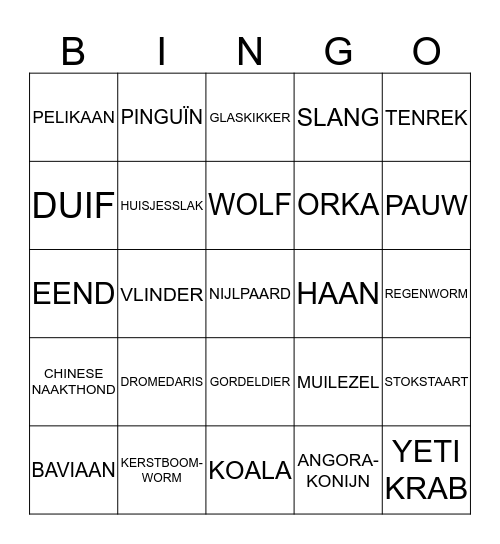 Dieren B Bingo Card