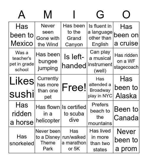 Amigo Brothers/Friendships Bingo Card