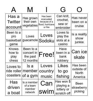 AMIGO Bingo Card