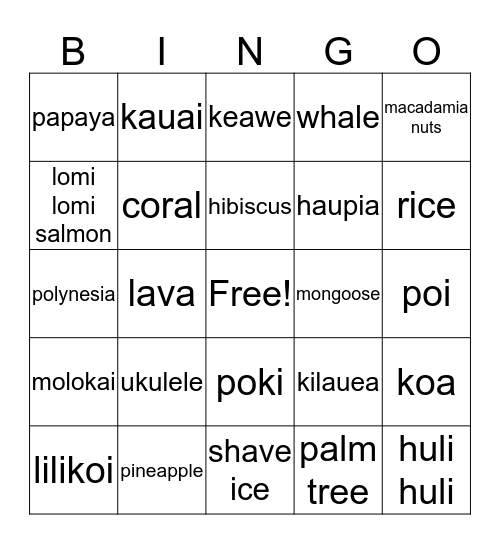 L & L Hawaiian Birthday Bash Bingo Card