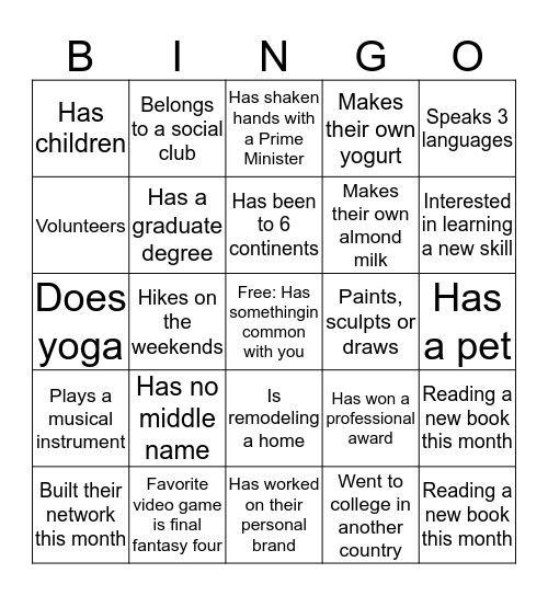 Mingo : Mingle Bingo Card