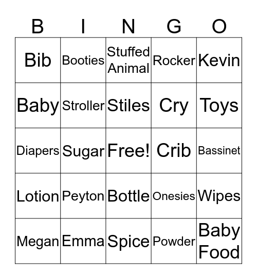 Sugar and Spice Baby Peyton Bingo Card