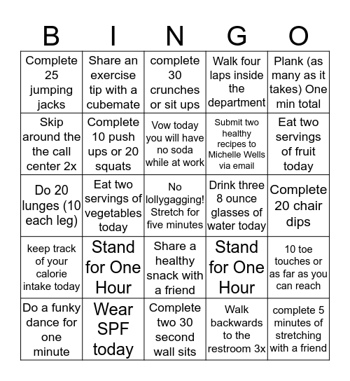 Wellness Wednesdays Bingo Card