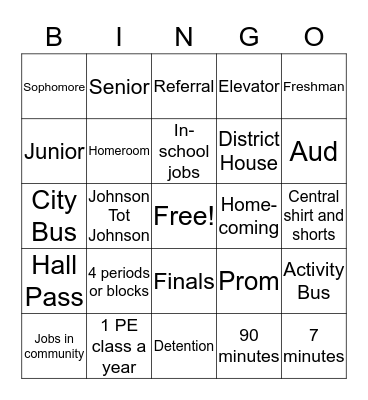 Central High School Bingo Card