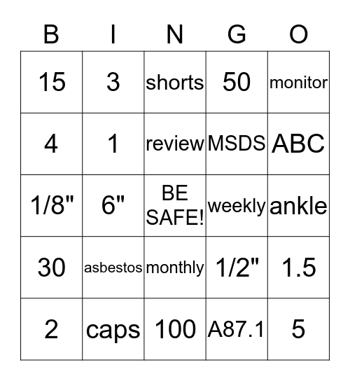 Fleet Services Safety Bingo Card