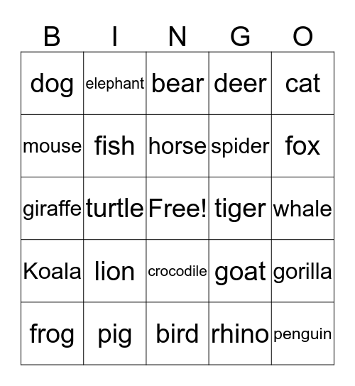 Animals Bingo Card