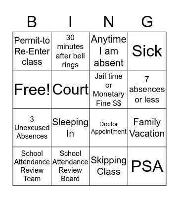 Attendance Bingo Card