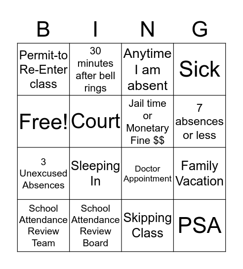 Attendance Bingo Card