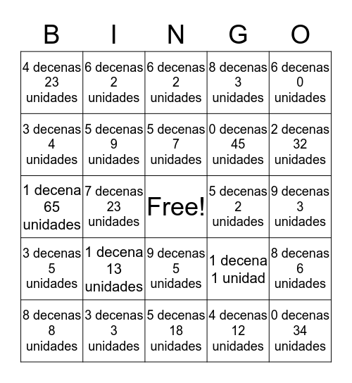 Diversion con Decenas y Unidades Bingo Card