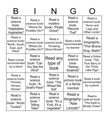 Book Bingo!  Read, take AR test, record "80 or above" scores along with title. Bingo Card