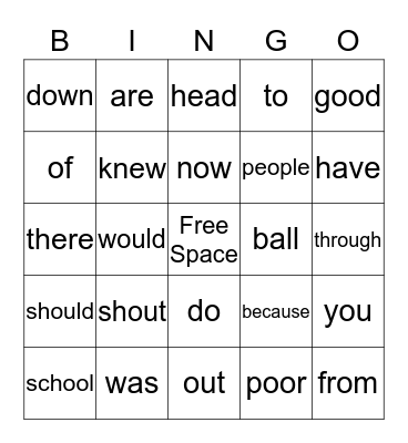 Sight Word Bingo Card