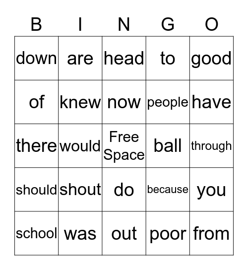 Sight Word Bingo Card