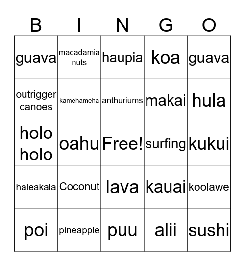 Triple "L" Hawaiian Luau Bingo Card