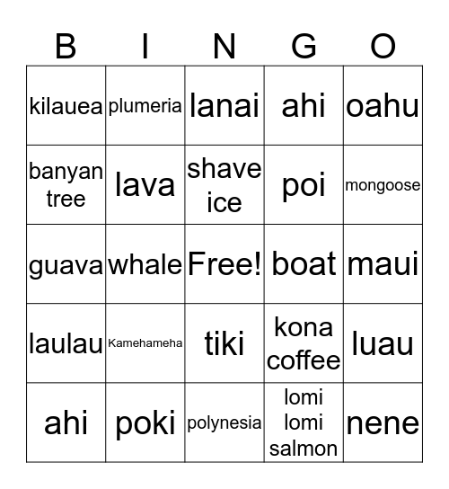 Triple "L" Hawaiian Luau Bingo Card