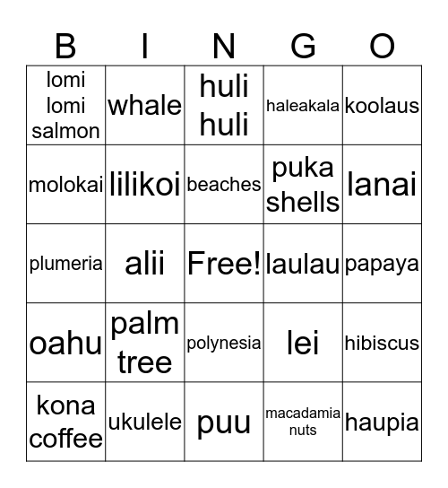 Triple "L" Hawaiian Luau Bingo Card