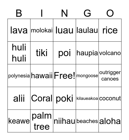 Triple "L" Hawaiian Luau Bingo Card