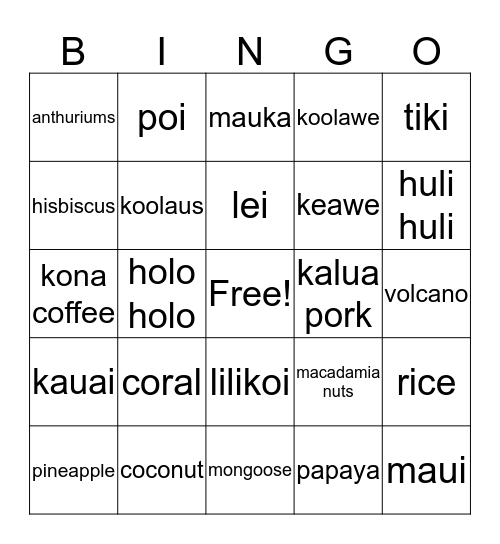 Triple "L" Hawaiian Luau Bingo Card