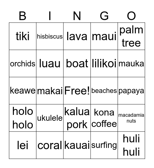 Triple "L" Hawaiian Luau Bingo Card