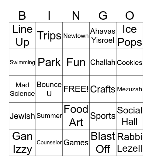 Camp Gan Izzy Bingo Card