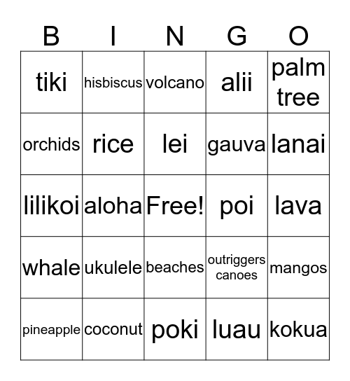 Triple "L" Hawaiian Luau Bingo Card