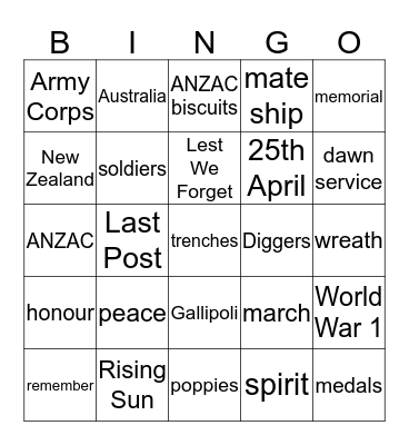 ANZAC Day Bingo Card