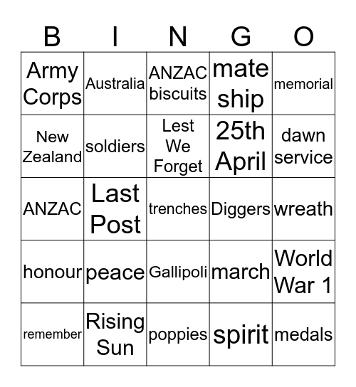 ANZAC Day Bingo Card