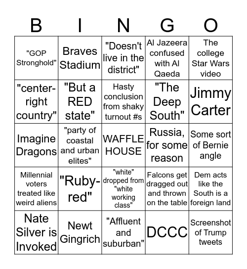 All the Georgia 6th Bad Takes Bingo Card