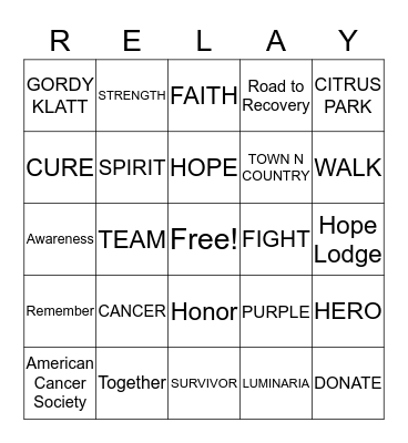 RELAY FOR LIFE BINGO Card