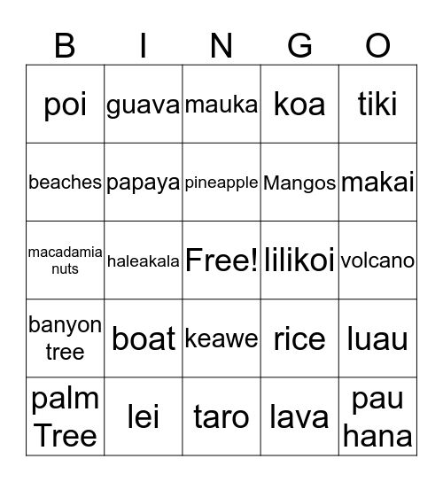 Triple "L" Hawaiian Luau Bingo Card
