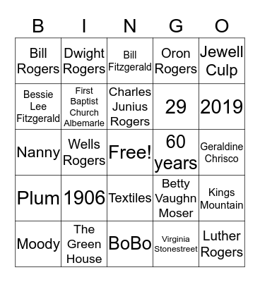 Rogers Family Reunion Bingo Card