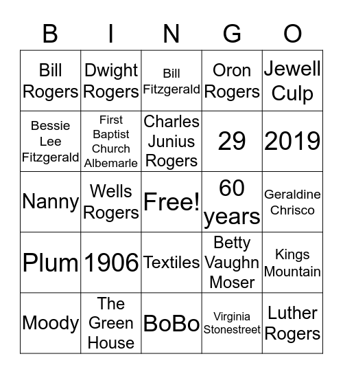 Rogers Family Reunion Bingo Card