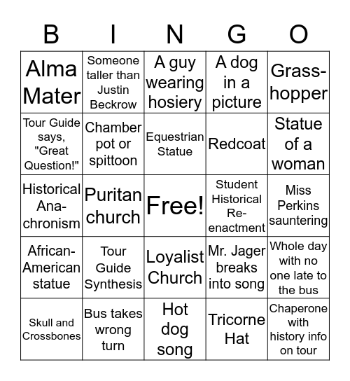 APUSH Boston Trip Bingo Card