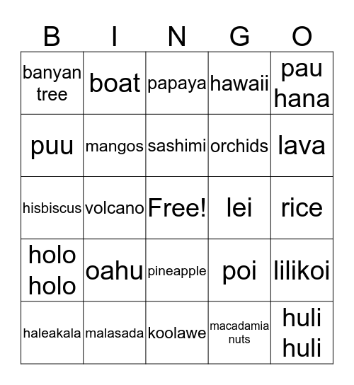 Triple "L" Hawaiian Luau Bingo Card