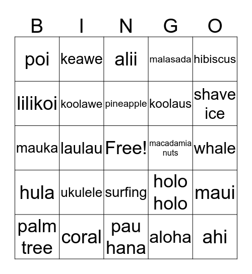 Triple "L" Hawaiian Luau Bingo Card