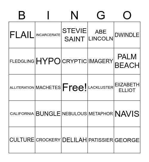 Vocabulary Week #23 SAT & POETRY Bingo Card