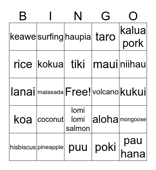 Triple "L" Hawaiian Luau Bingo Card