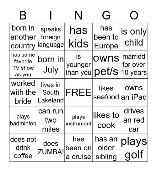 Dolly & Jordan's Wedding Reception Bingo Card