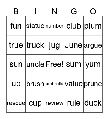 Short 'u'/long 'u' bingo Card