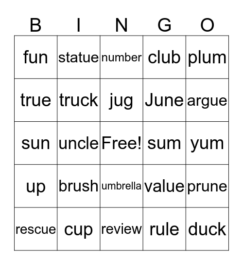 Short 'u'/long 'u' bingo Card