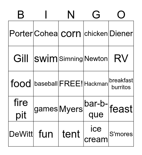 Diener Family Reunion Bingo Card