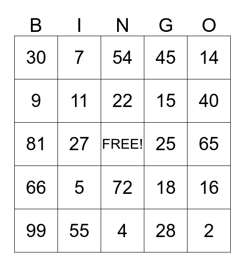 Multiplication Bingo Card