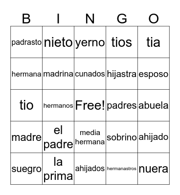 Spanish Family Vocab Bingo Card