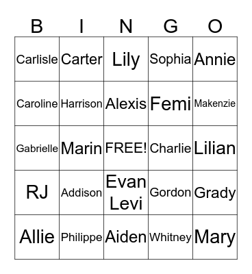 SUMMER NAME Bingo Card