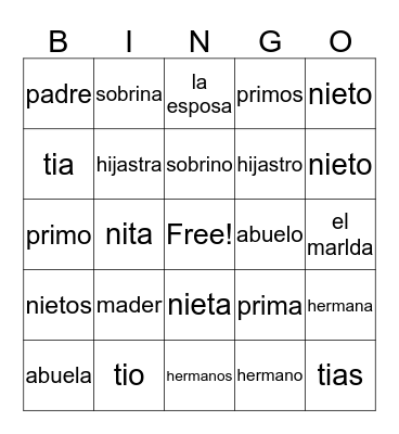 Spanish bingo Card