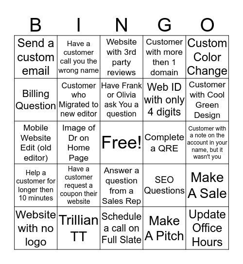 Baystone Customer Call Bingo Card