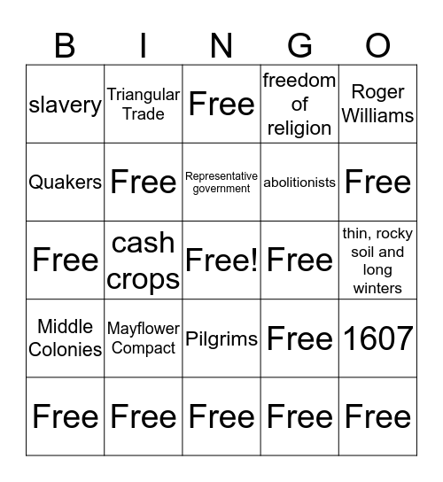 Colonial Era Bingo Card